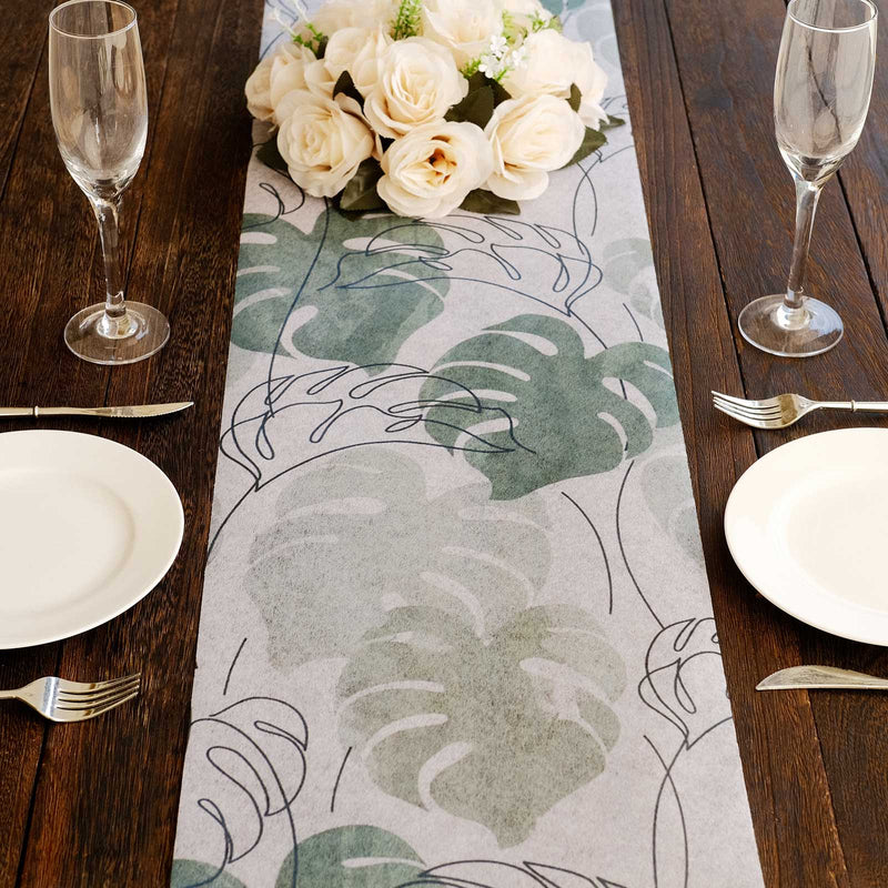 White Green Non-Woven Monstera Palm Leaf Print Table Runner, Spring Summer Kitchen Dining Table Decoration - 11