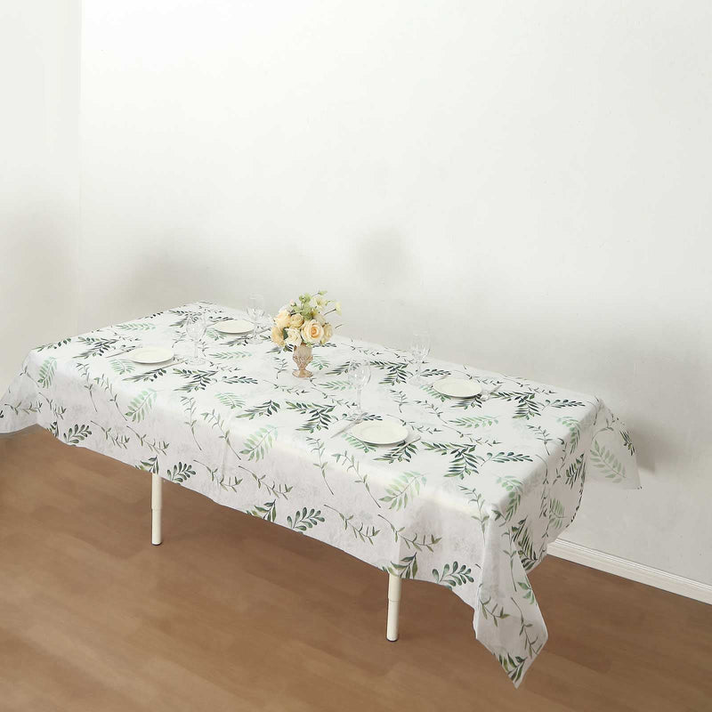 White Green Non-Woven Rectangular Tablecloth With Olive Leaves Print, Spring Summer Dining Table Cover - 60