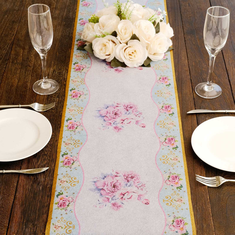 White Pink Non-Woven Peony Floral Print Table Runner with Gold Edges, Spring Summer Kitchen Dining Table Decoration - 11