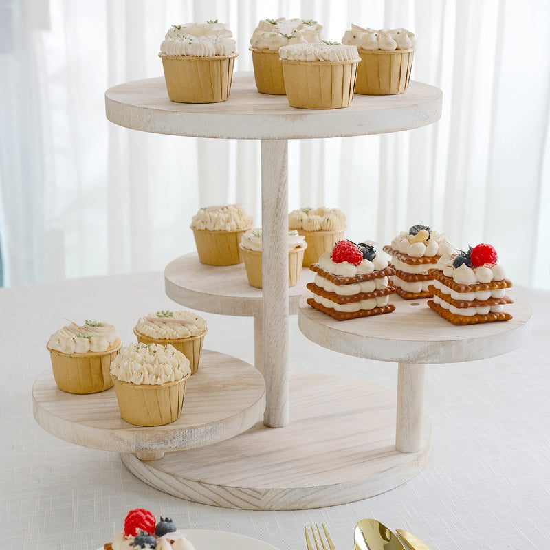 4-Tier Whitewash Wooden Pedestal Riser with Round Tiered Trays, Rustic Dessert Display Stand - 14