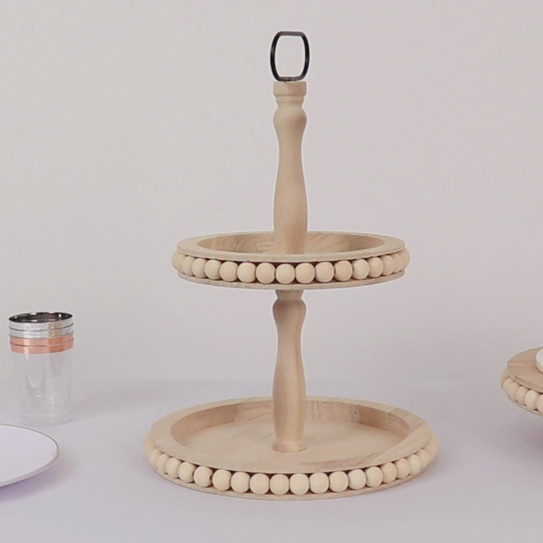 2-Tier Natural Beaded Wooden Serving Tray Riser With Metal Handle ...