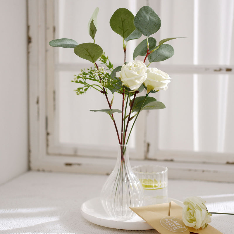 Ivory Artificial Silk Rose & Eucalyptus Flower Bouquet Arrangement 15