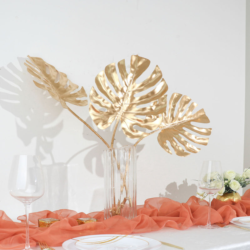 3 Pack Shiny Golden Artificial Tropical Plant Palm Leaf Stems, Faux Monstera Leaves, Floral Arrangements Table Centerpiece Decor 29
