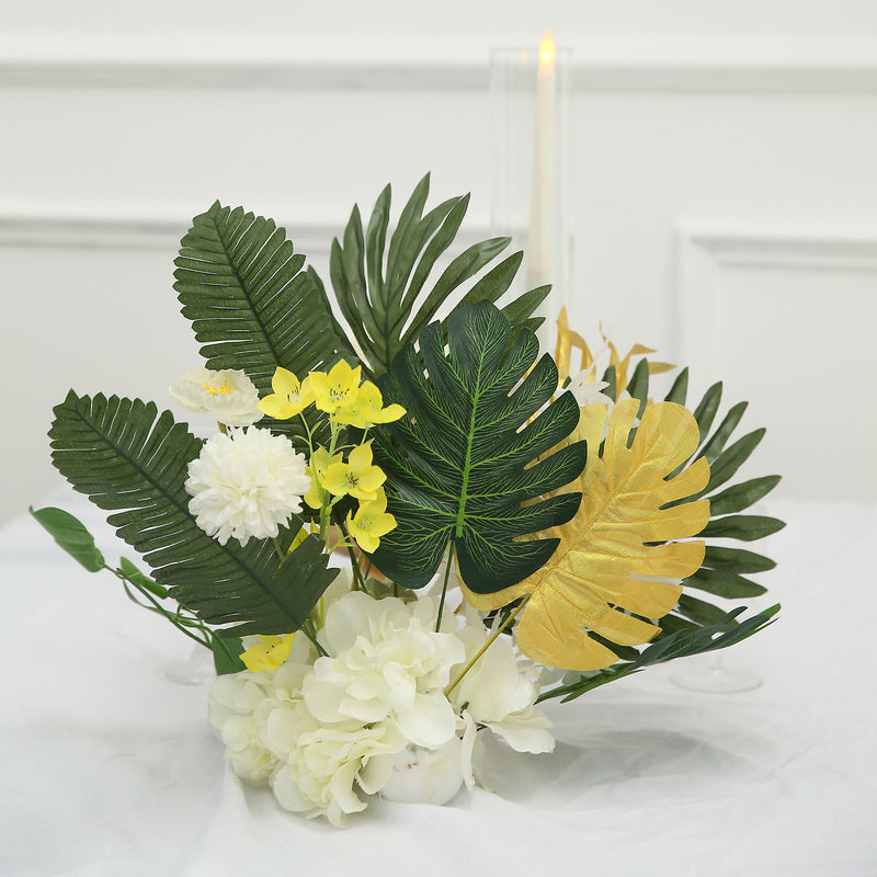 28 Pack | Green And Gold Artificial Jungle Theme Palm Leaves, Assorted Silk Tropical Monstera Branches
