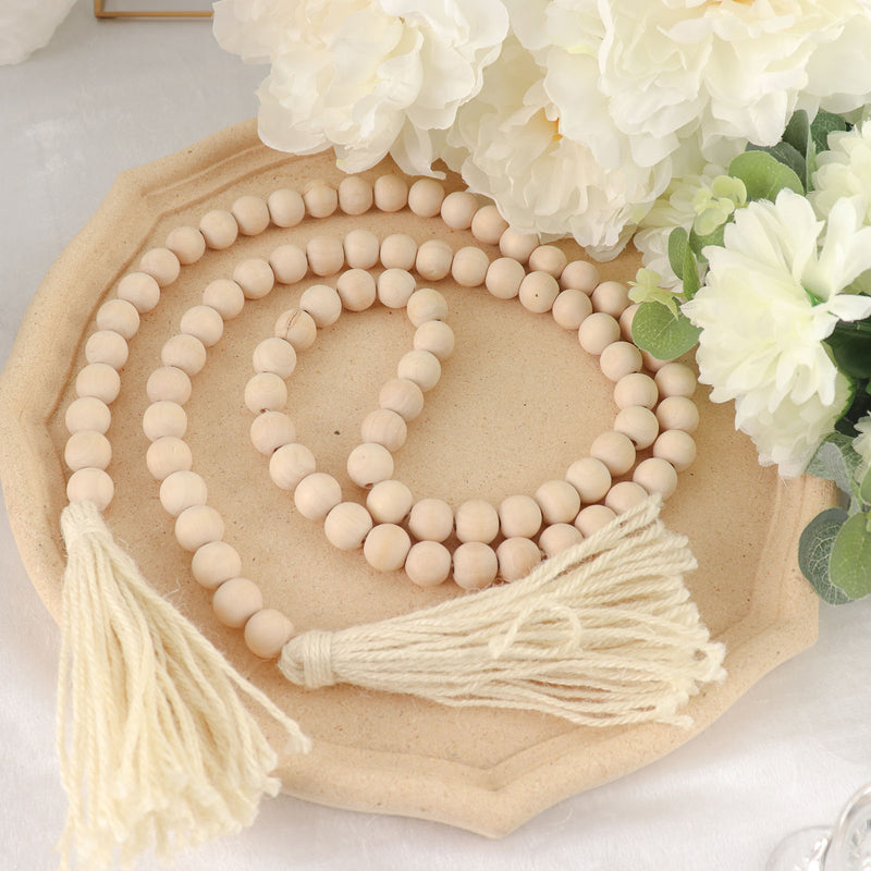 Farmhouse Country Wood Bead Hanging Garland With Tassels, Rustic Boho Chic Wood Beaded Chain 55