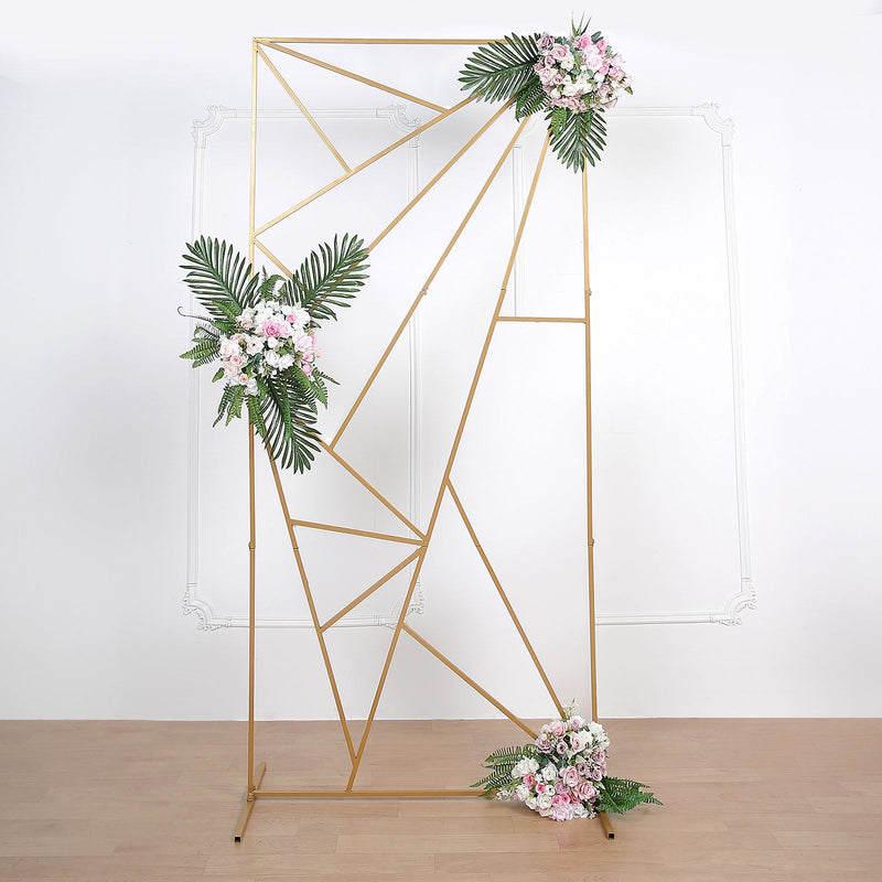 Gold Metal Rectangular Geometric Backdrop Floor Stand, Flower Frame Prop Stand With Cloudy Film Insert 7ft Tall