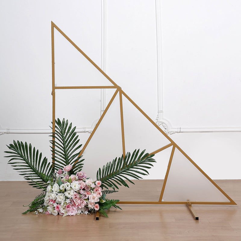 Gold Metal Triangular Geometric Backdrop Floor Stand, Flower Frame Prop Stand With Cloudy Film Insert 3ft Tall