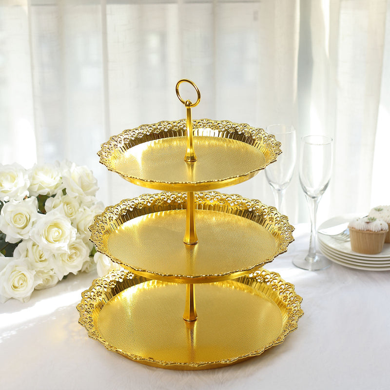 3-Tier Round Plastic Riser Display Stand, Decorative Dessert Tray Tower With Lace Cut Scalloped Edges 15