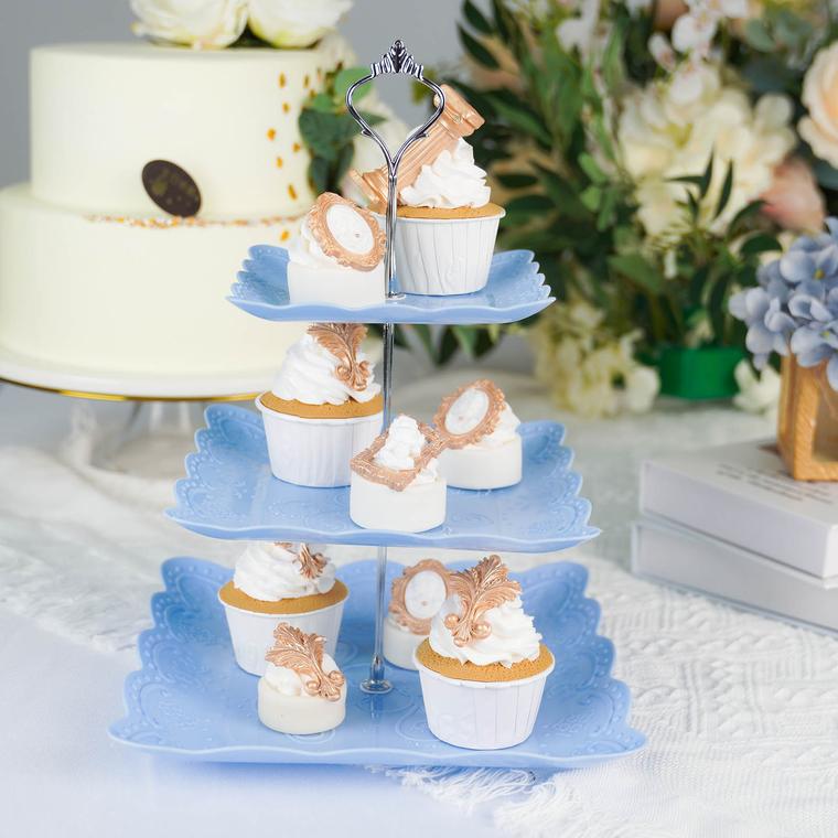 3-Tier Floral Print Plastic Riser, Dessert Display Stand With Top Handle 13