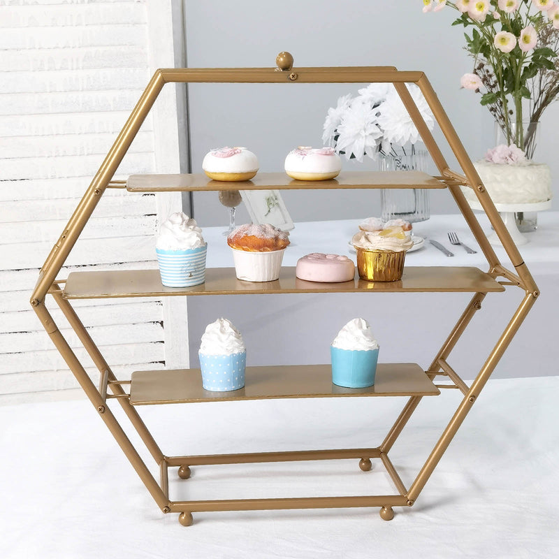 Matte Gold Metal 3-Tier Hexagon Riser, Dessert/Appetizer Buffet Display Stand 21
