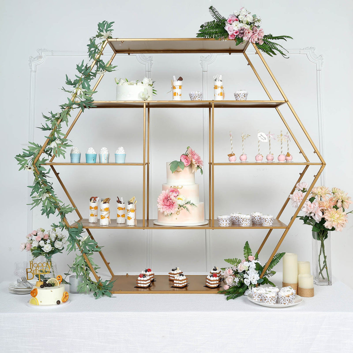 Bookcase Stand Riser Large Gold Metal Hexagonal Riser, Dessert Display Stand, Modern ...