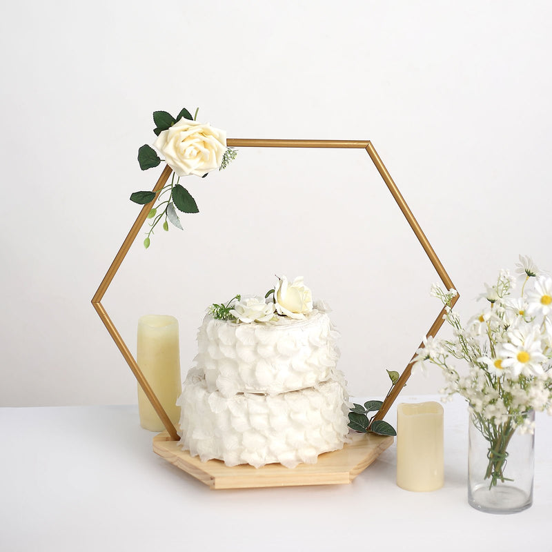Gold Hexagonal Metal Arch Riser, Floral Centerpieces Display Stand With Wooden Base
