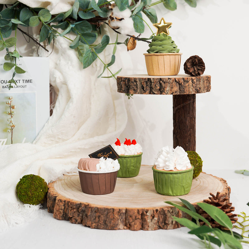 2-Tier Natural Elm Wood Slice Cheese Board Cupcake Stand, Rustic Centerpiece 8