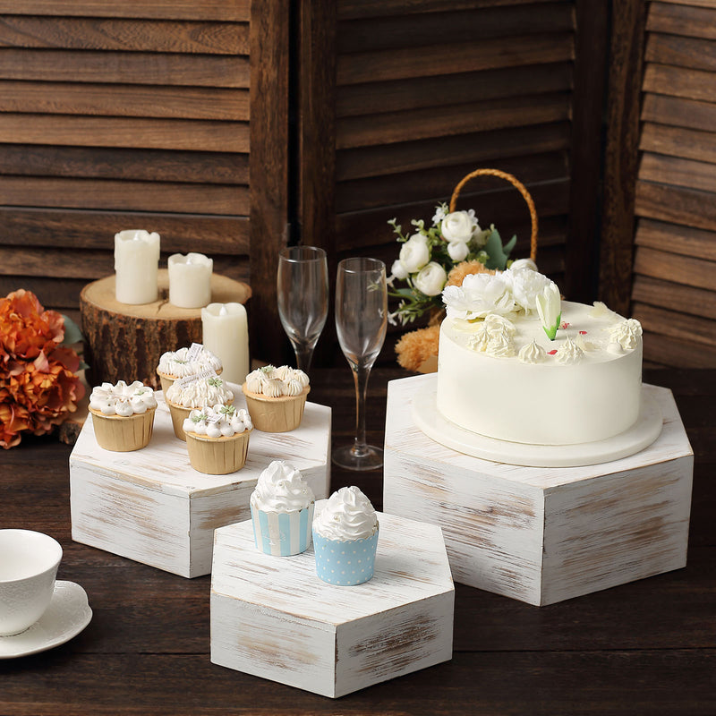 Set of 3 Whitewashed Hexagonal Wooden Display Risers, Stackable Dessert Stand Boxes 9
