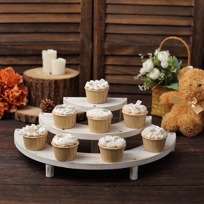 Set of 3 Rustic Wood 3-Tier Semicircle Pedestal Riser, Half Moon Dessert Display Stand 7