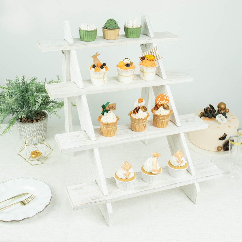 Rustic Whitewashed 4-Tier Wooden Ladder Shelf Riser, Cascading Stair Step Dessert Holder Display Stand 21