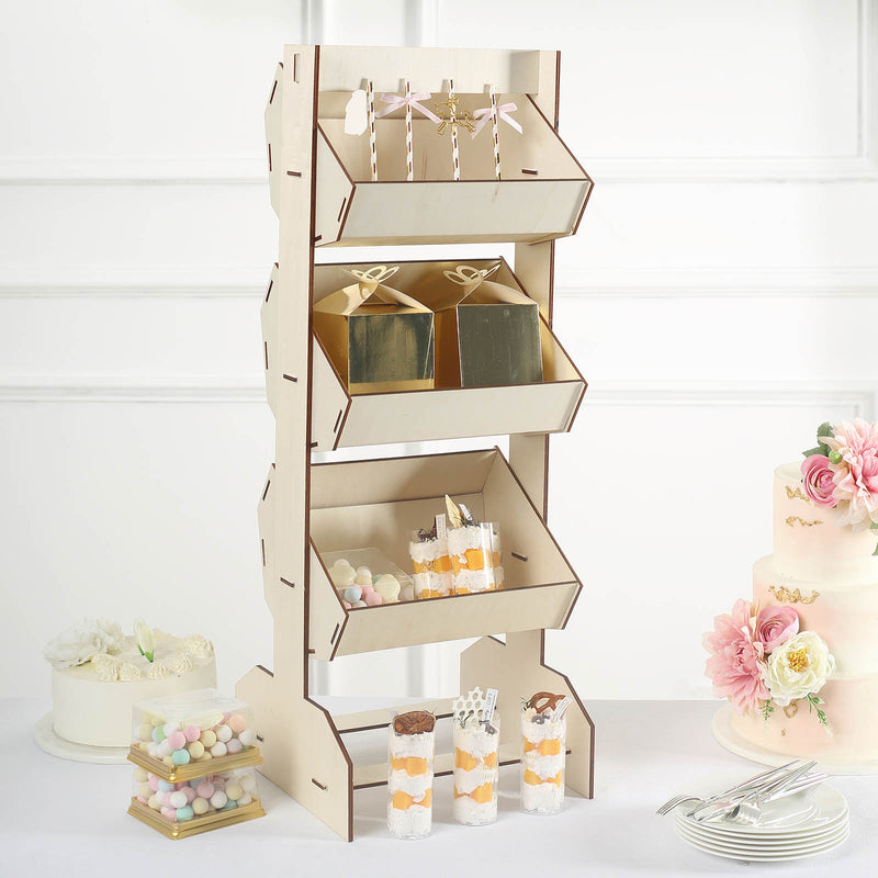 Natural Wooden 3-Tier Basket Floor Standing Display Rack, Rustic Tabletop Dessert Holder Shelf Stand 33