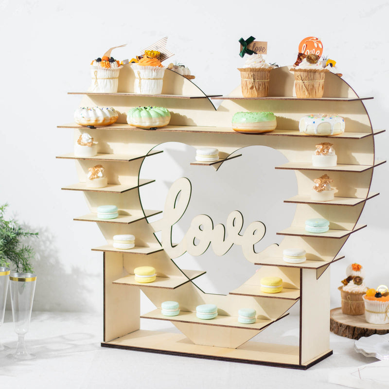 Heart Shaped 8-Layer Double Sided Wooden Dessert Display Stand, Natural 