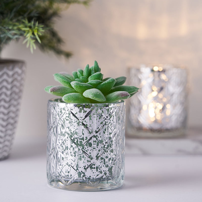 6 Pack Shiny Mercury Glass Candle Holders, Votive Tealight Holders - Geometric Design 3