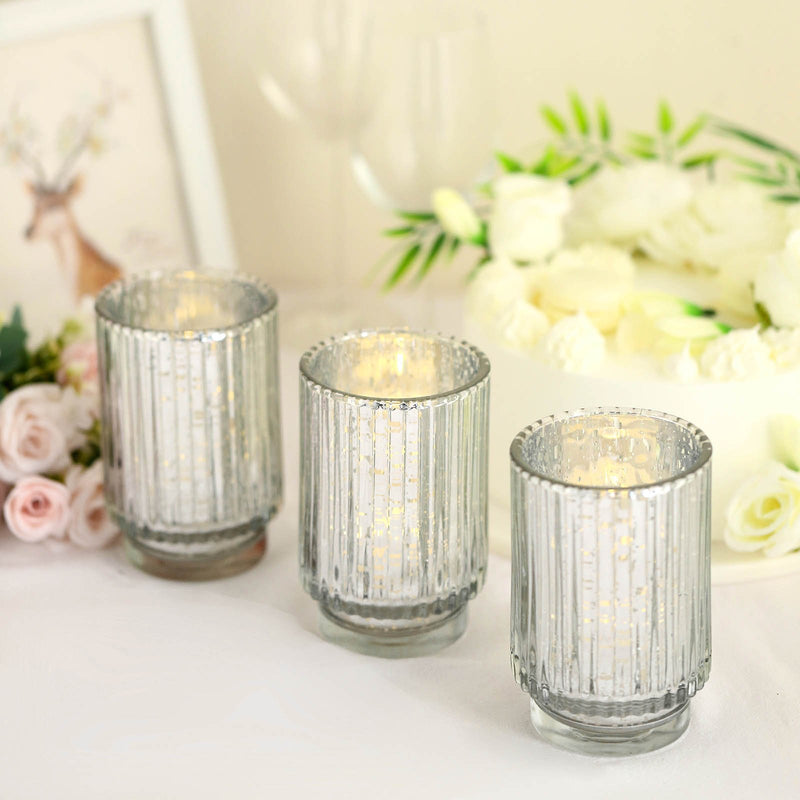 3 Pack Mercury Glass Votive Hurricane Candle Holder, Pillar Vase - Wavy Column Design 5