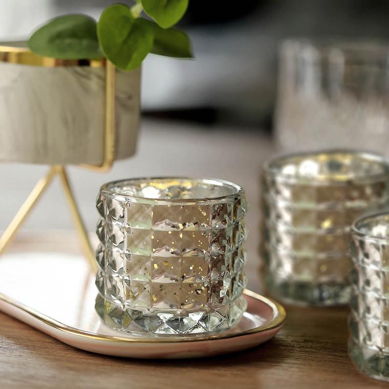 6 Pack Studded Mercury Glass Votive Holders, Faceted Tealight Candle Holders 3