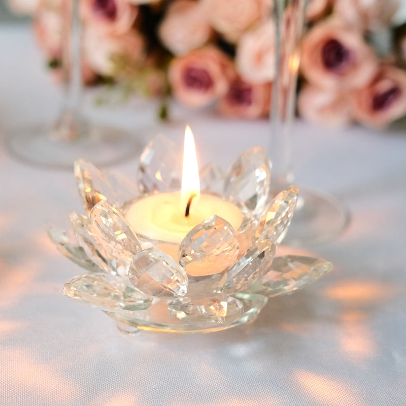 2 Pack Clear Crystal Glass Lotus Flower Votive Candle Holders, Tealight Taper Candle Stands 4.5