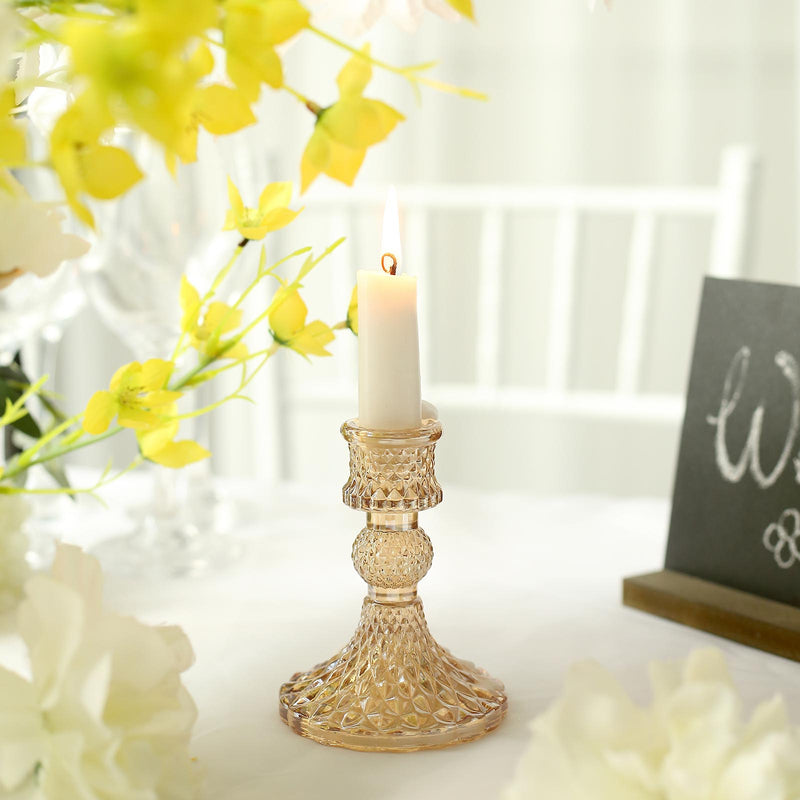 6 Pack Glass Diamond Pattern Taper Candlestick Holders, Reversible Crystal Pillar Votive Candle Stands 4