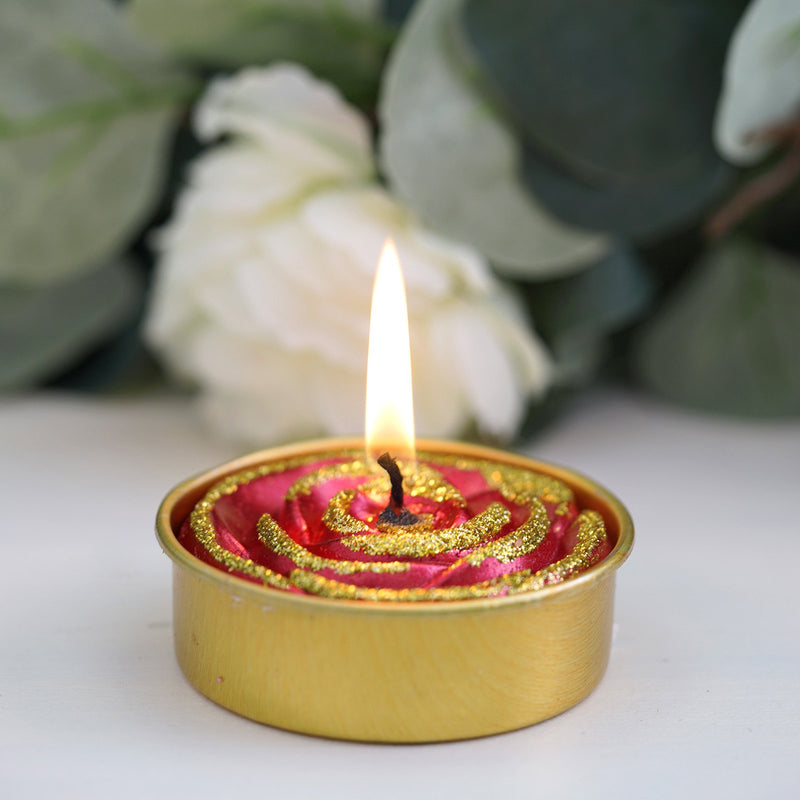 2 Pack | Red/Gold Glitter Rose Tealight Candles Unscented Dripless Wax