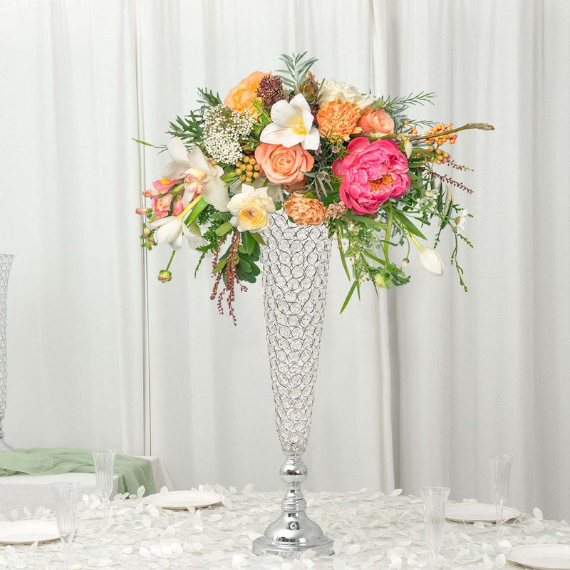 2 Pack | Silver Tall Crystal Beaded Trumpet Vase Set, Table Centerpiece