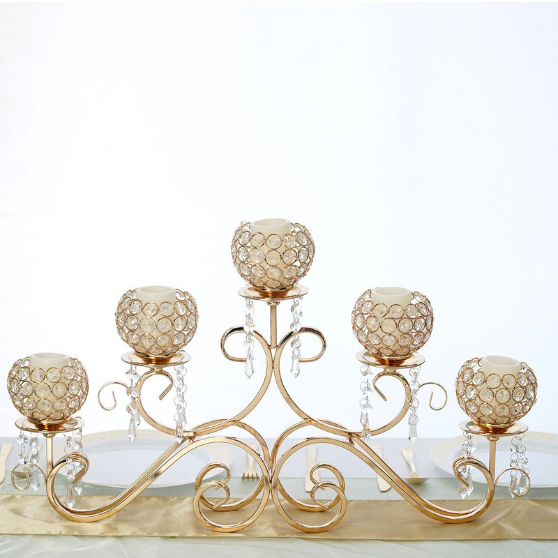 5 Arm Gold Metal Crystal Horizontal Candelabra Goblet Candle Holder Stand 27