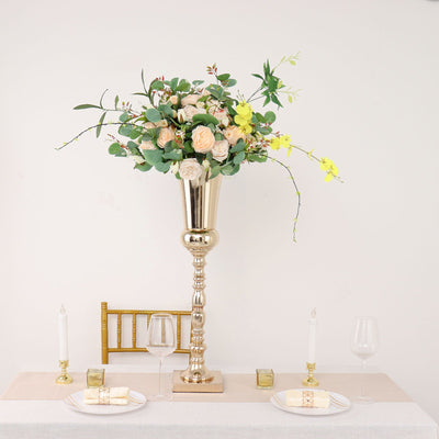 CHDLR_062_28_GOLD gold trumpet vase, centerpiece vase, tall gold vase, pedestal vase, metal vases#color_gold
