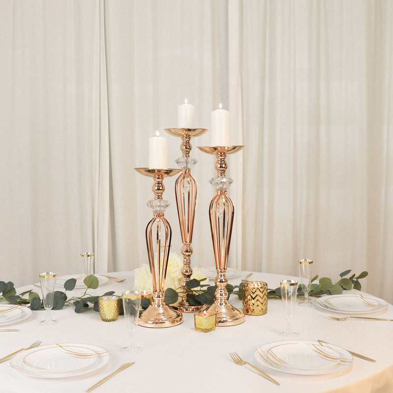 Set Of 3 Gold Metal Crystal Ball Flower Bowl Pedestal Stand Set, Pillar Candle Holder Stands 20