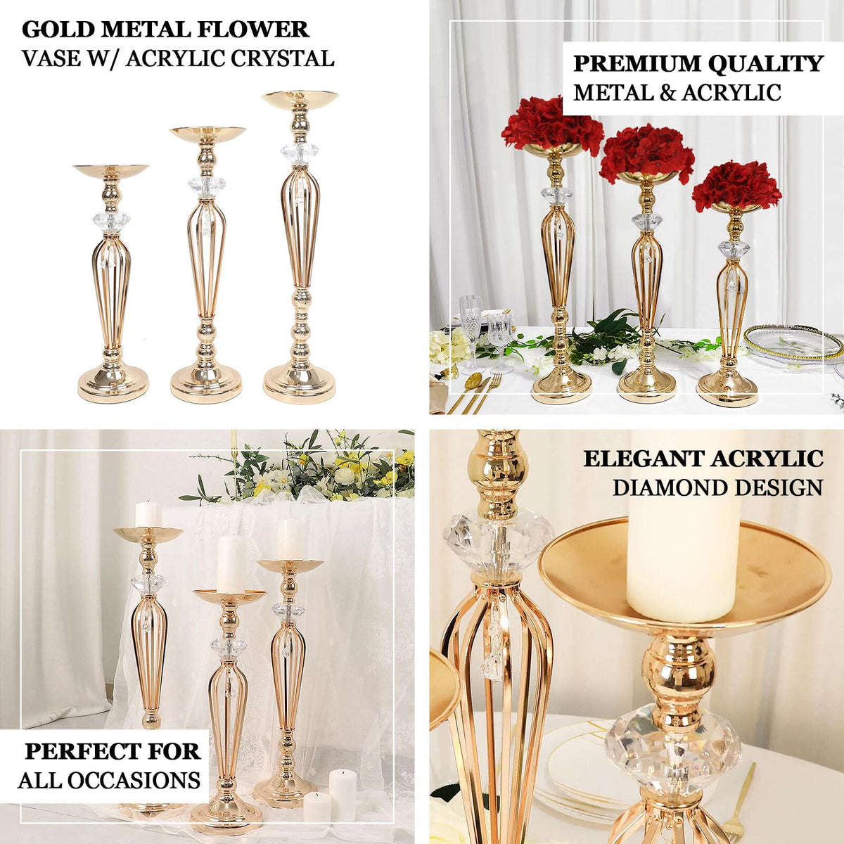 Set Of 3 | Gold Metal Crystal Ball Flower Bowl Pedestal Stand Set ...
