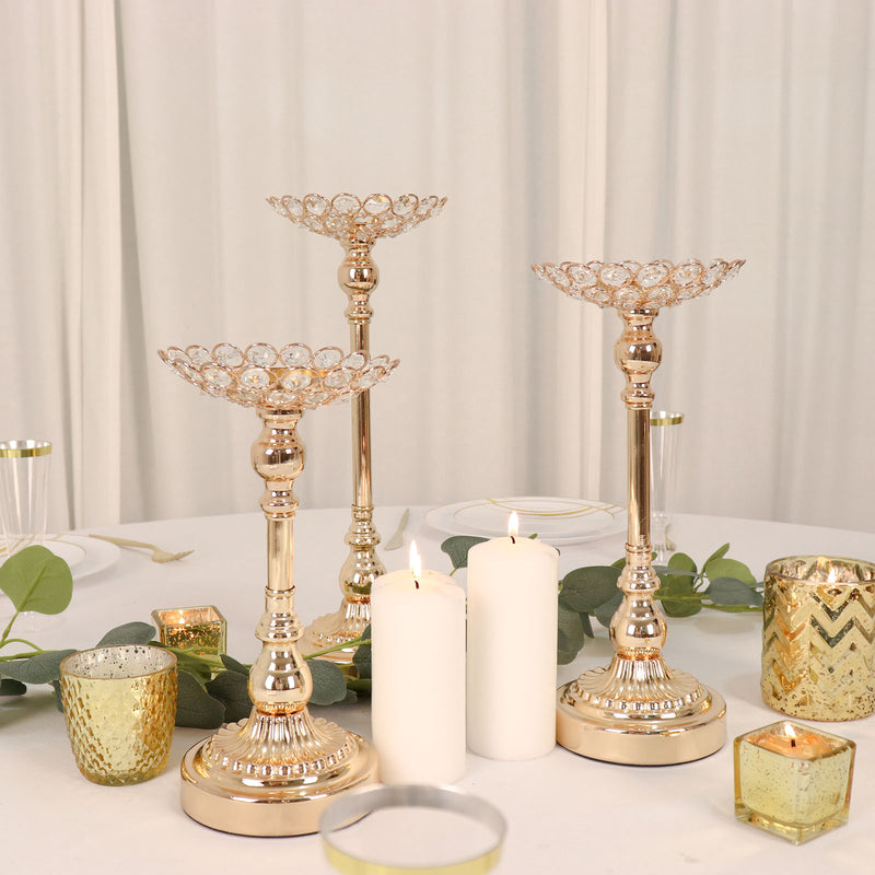 Set Of 3 Gold Metal Crystal Beaded Votive Candle Holder Centerpieces, Tea Light Candle Holder Stands - 11