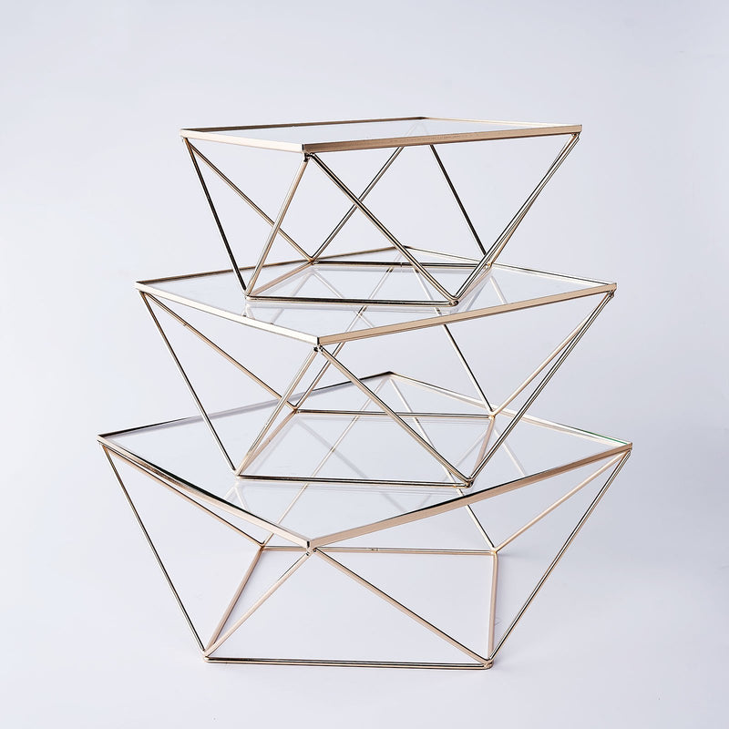 Gold Metal Geometric Stackable Pedestal Risers, Display Stands with Square Glass Top