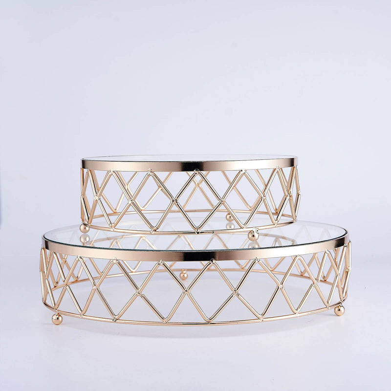 Round Gold Metal Geometric Diamond Cut Pedestal Riser, Dessert Display Stand with Glass Top