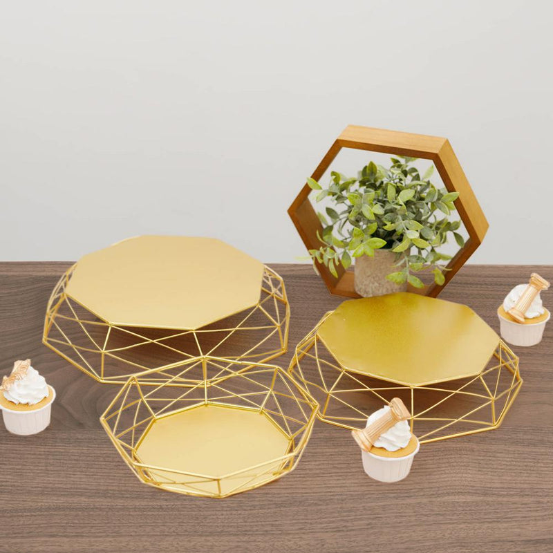 Set of 3 Gold Metal Geometric Risers, Reversible Octagon Basket Display Stands 7
