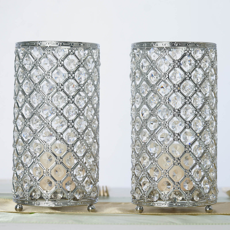 2 Pack Metal Crystal Beaded Pillar Votive Candle Holder Set, Multipurpose Crystal Flower Stem Vase 9