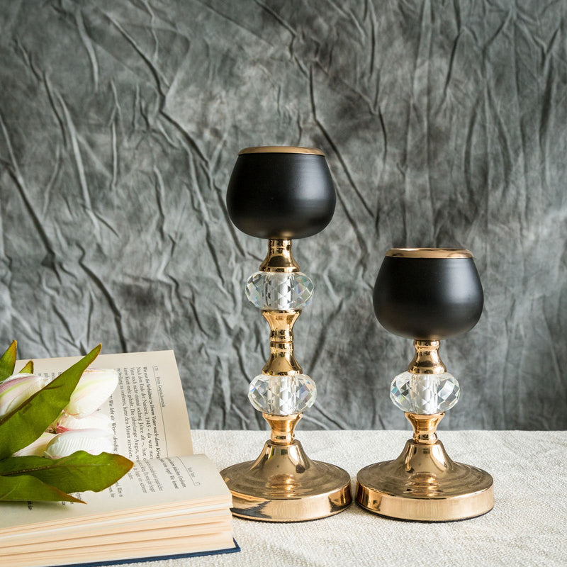 Set of 2 | Gold/Black Metal Crystal Lamp Tealight Votive Candle Holder - 7