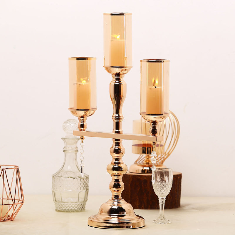 Gold Metal 3 Arm Candelabra with Amber Glass Shade, Hurricane Glass Pillar Candle Holders