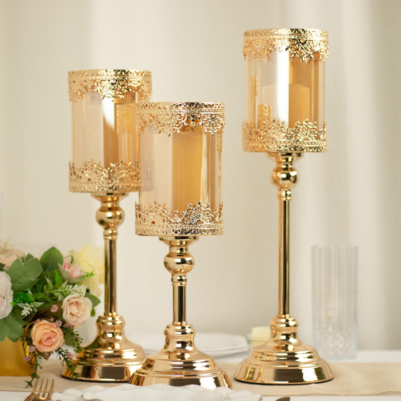 Set of 3 | Antique Gold Lace Design Votive Candle Stands, Hurricane Glass Pillar Candle Holders - 13
