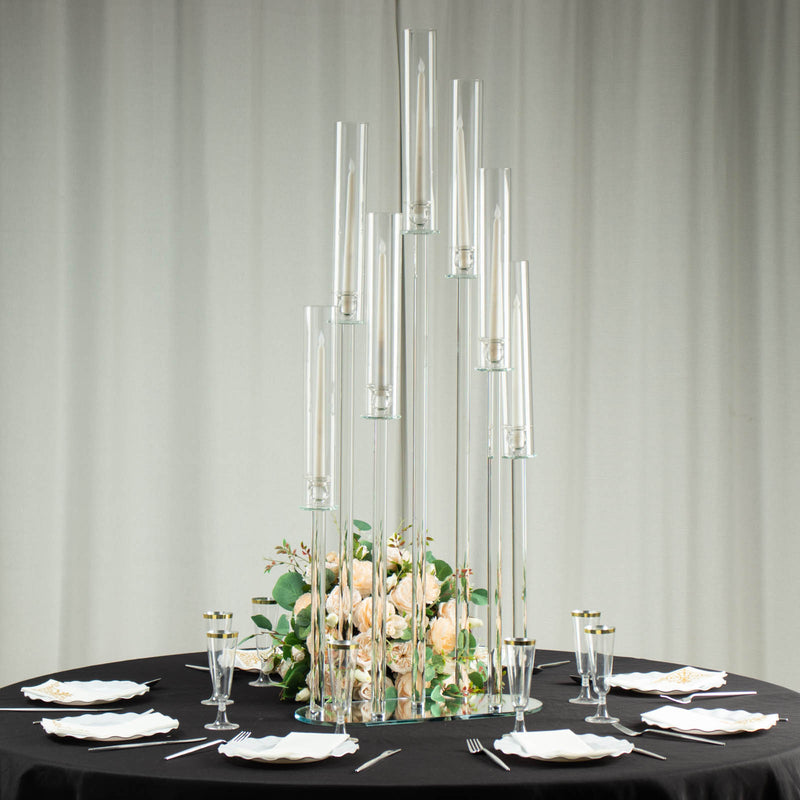 Clear Crystal 7-Arm Cluster Aisle Candlestick Stand With Hurricane Shades, Taper Candle Candelabra Table Centerpiece 47