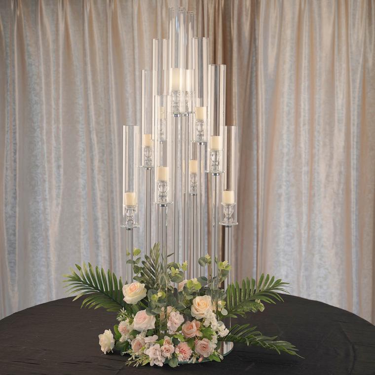 Clear Crystal Cluster Round Taper Candelabra, Candle Holder For Votive Pillar Candles With Mirror Base