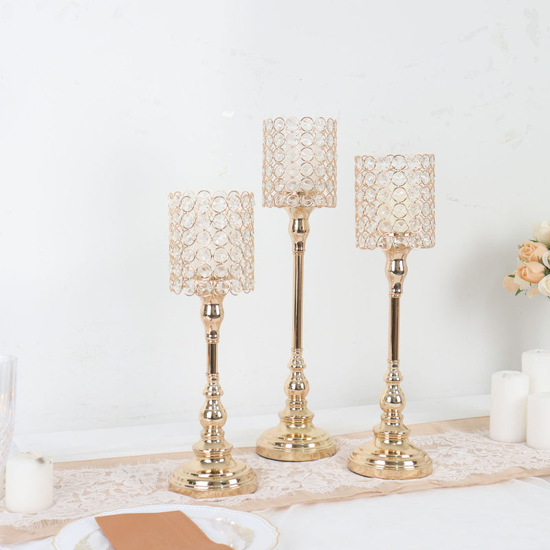 Set of 3 Gold Crystal Beaded Goblet Votive Candle Holder Centerpieces, Tea Light Candle Stands 18