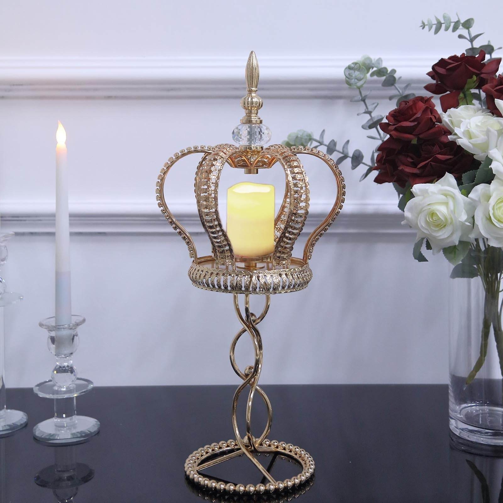 Gold Metal Crown Spiral Pillar Candle Holder Stand, Jeweled Votive ...