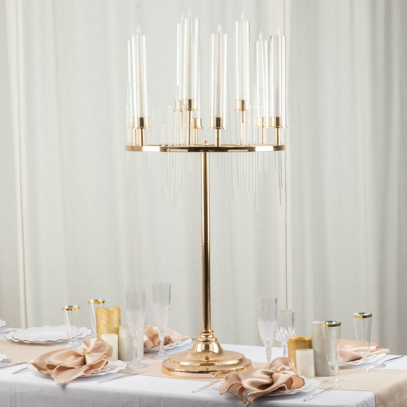 Gold 9 Arm Round Cluster Taper Candelabra Table Centerpiece With Drip Accents, Metal Candlestick Holder Arrangement With Clear Glass Shades 40