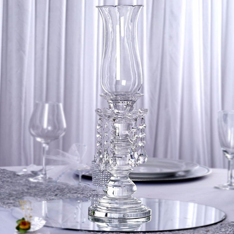Premium Crystal Glass Hurricane Candle Taper Candlestick Holder With Chandelier Chains 20