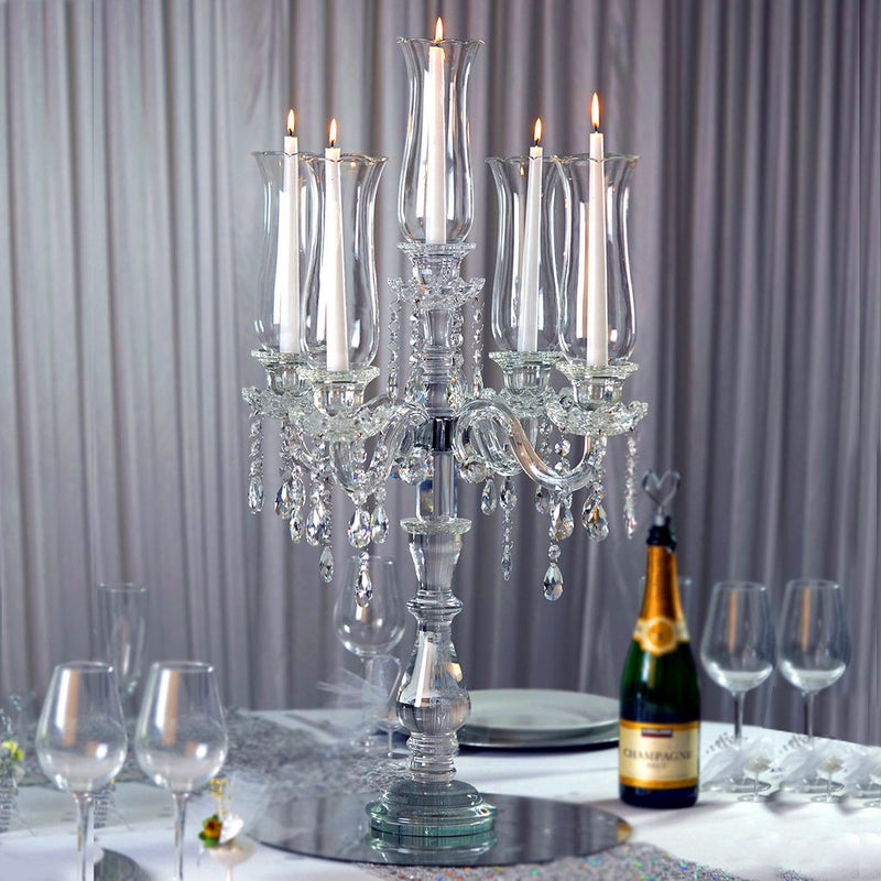 5 Arm Premium Crystal Glass Taper Candle Holder Candelabra With Chandelier Chains 32
