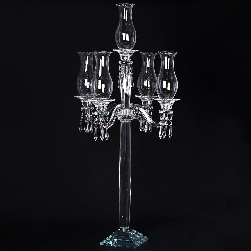 5 Arm Premium Crystal Glass Taper Candle Holder Candelabra With Chandelier Chains 40