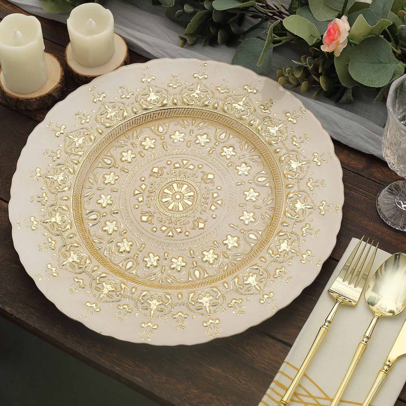 8 Pack Gold Monaco Style Glass Table Serving Plates, Ornate Design Dinner Charger Trays 13